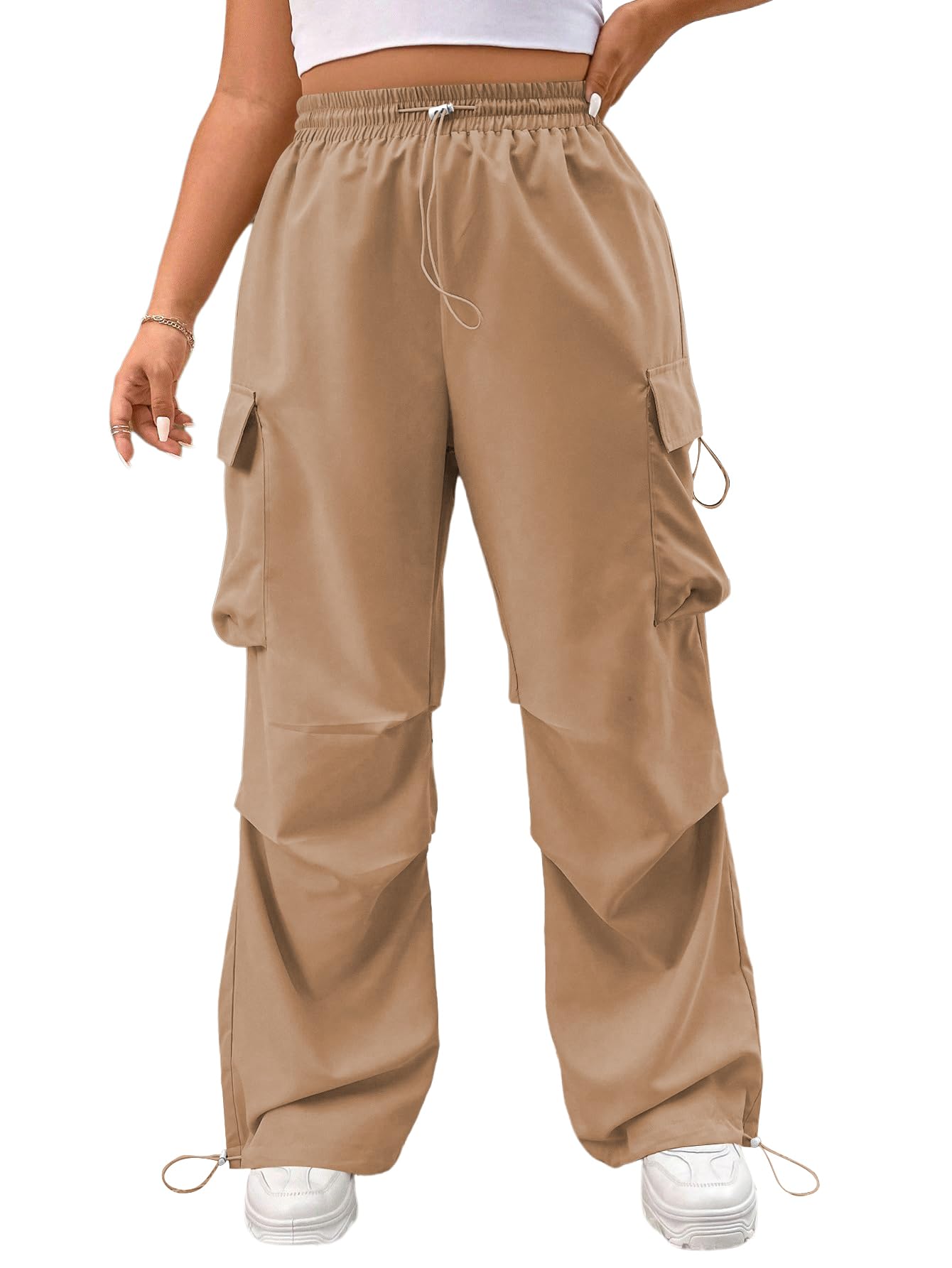 Verdusa Womens Plus Size Cargo Pants Drawstring Waist Ruched Baggy Parachute Pants Streetwear Joggers with Pockets