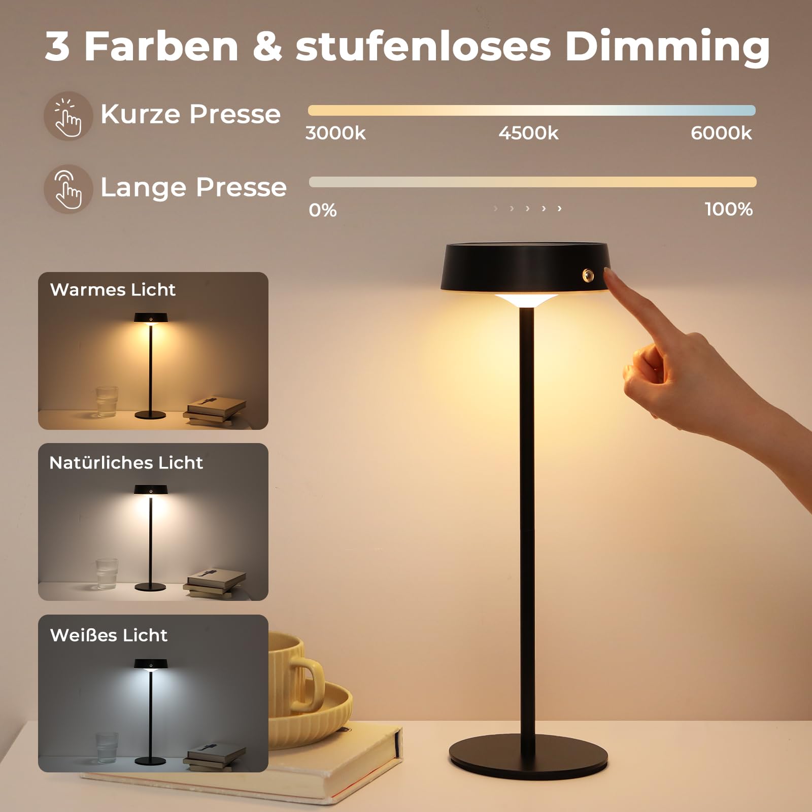 Lampada da tavolo a LED senza fili, 2 pezzi, dimmerabile da comodino, con batteria USB-C, lampada da tavolo Memory 2 altezze regolabili, 3 temperature di colore, IP65, impermeabile, per