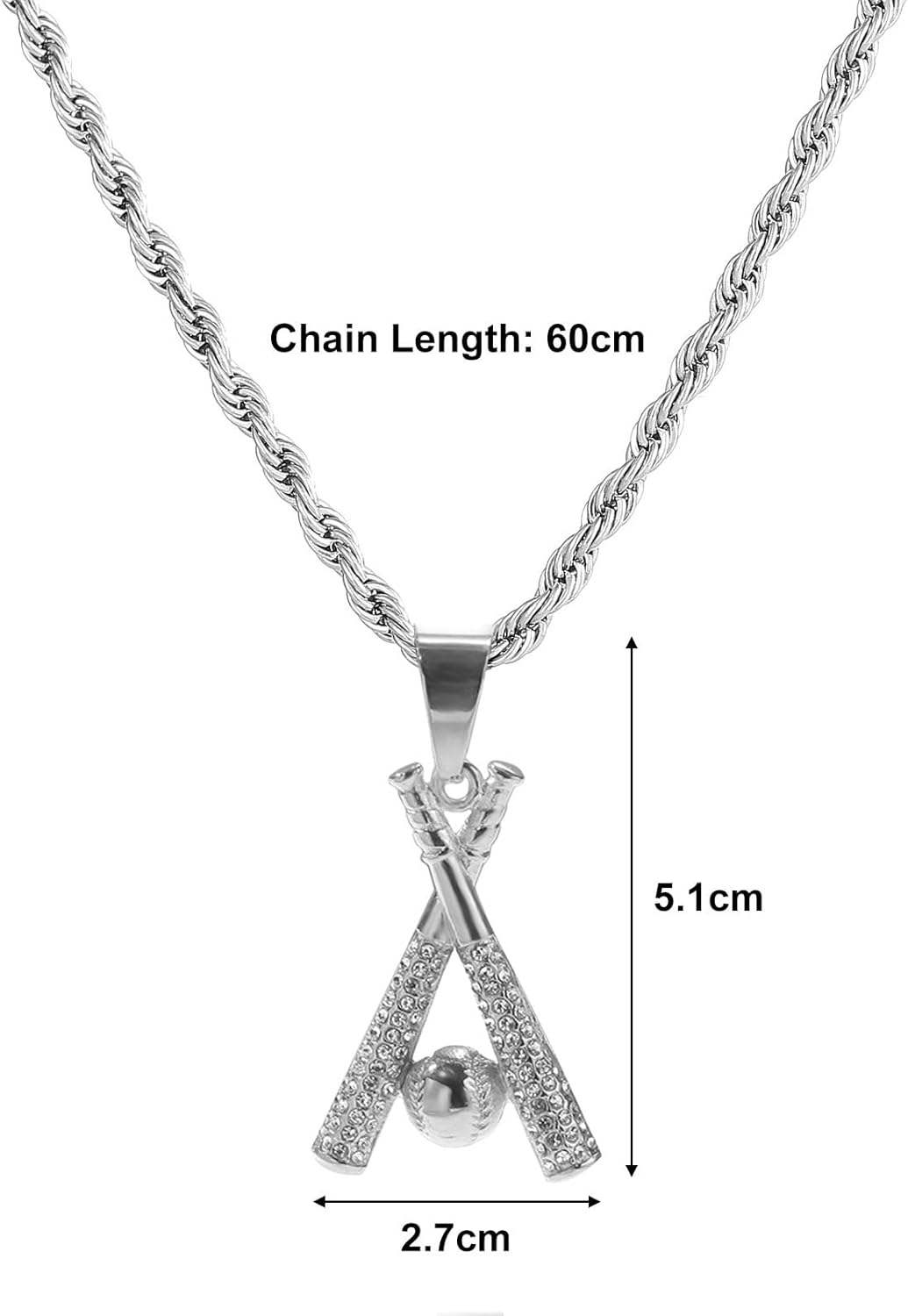 Baseball Necklace Hip Hop Baseball Pendant Baseball Bat Cross Stainless Steel Pendant Necklace Sports Jewelry Sports Necklace Rhinestone Baseball Necklace for Men and Women (Silver) - Image 2