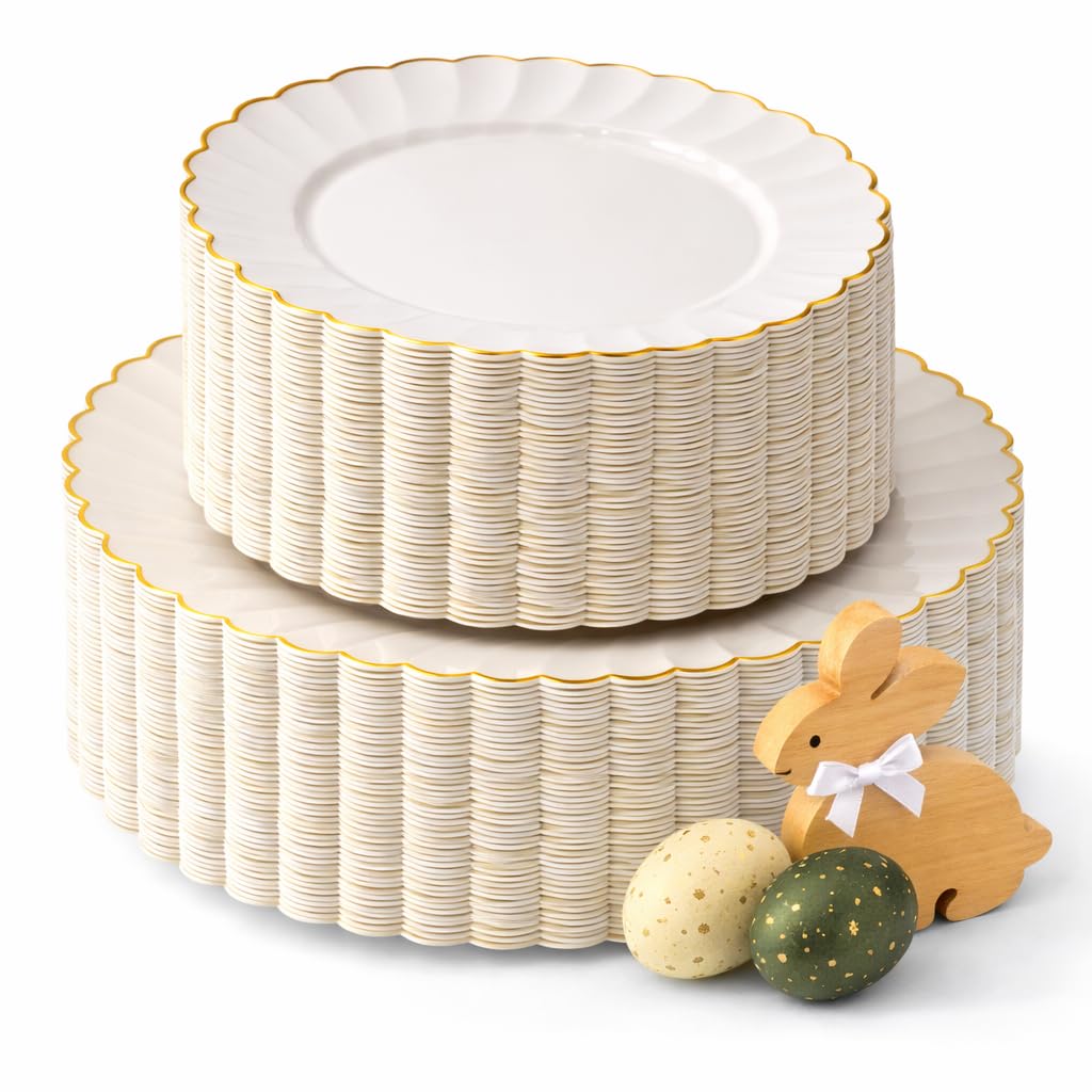 By Madee HEAVYWEIGHT 100 Pc Ivory and Gold Easter Plastic Plates for Party | Ivory and Scalloped with Gold Trim 50 Dinner & 50 Dessert Heavy Duty Disposable Plates | Elegant and Fancy (50 Guests)