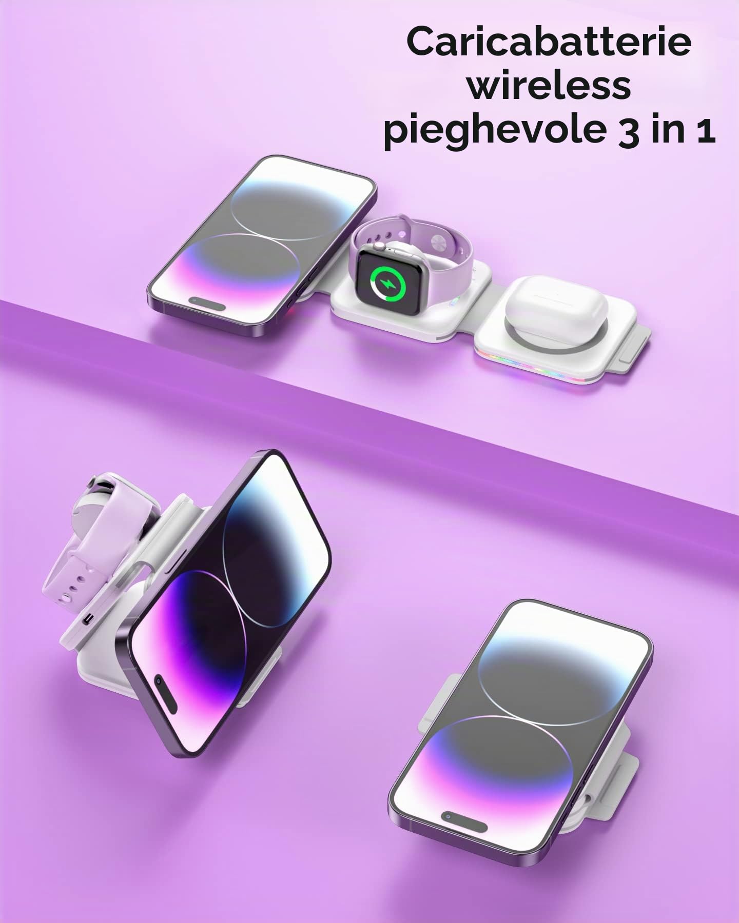 Stazione di ricarica magnetica senza fili 3 in 1, caricatore Mag-Safe, pieghevole portatile pad di ricarica wireless per iPhone 15/14/13/12/11/XR/XS/8,Samsung S22/21/20 iWatch AirPods (Bianco)