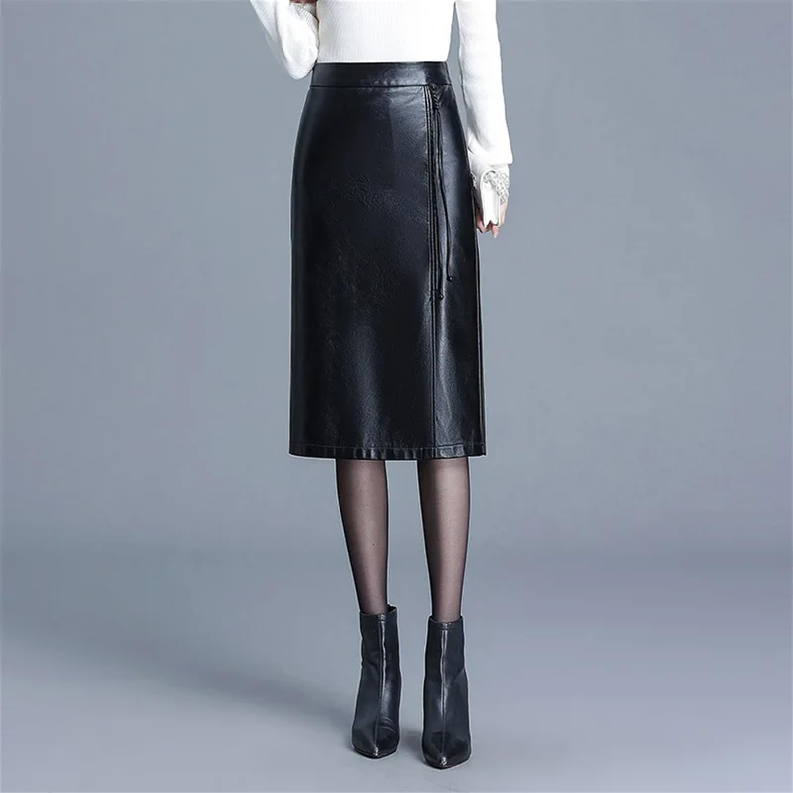 Falda de cuero para mujer, falda de piel sintética de invierno de cintura alta, falda recta, falda midi casual