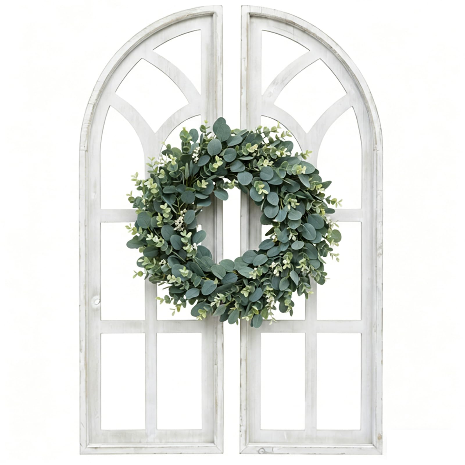 SwallowLiving Set of 2 Cathedral Arch Window Frame Wall Decor - 36" Large Rustic Farmhouse Wood Wall Art - Distressed White Architectural Hanging for Living Room, Entryway & Mantel (Glassless Design)