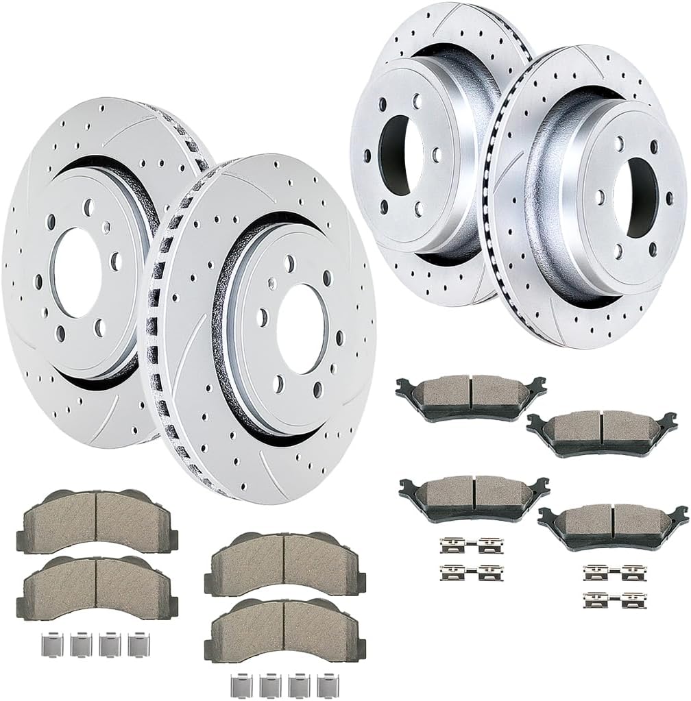 ACINOPARTS Front and Rear Drilled and Slotted Rotors Ceramic Brake Pads Replacement for 2012-2014 Ford F-150 (6-Lug Models) 2015-2020 Ford F150 (With Manual Parking Brake)