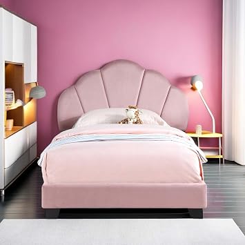 Twin Size Bed Frame for Kids, Upholstered Velvet Platform with Shell Design Headboard, Strong Frame and Slats Support, No Box Spring Needed, Easy Assembly Pink+Shell Design+Velvet