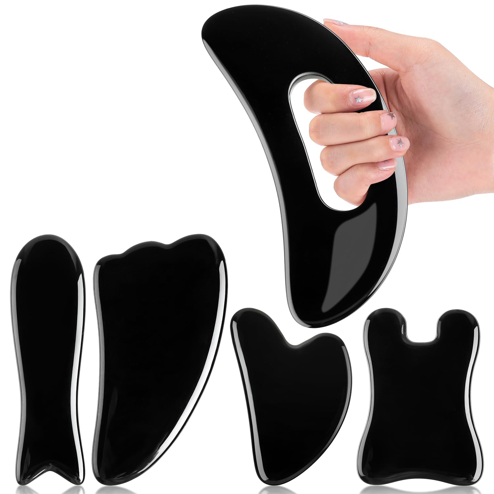 Treela 5 Pcs Gua Sha Facial Tools Set and 1 Pcs Body Gua Sha Massage Tool with Handle for Face Back Neck Leg Body Scraping Massage Board Guasha Comb(Jade, Resin,Black)