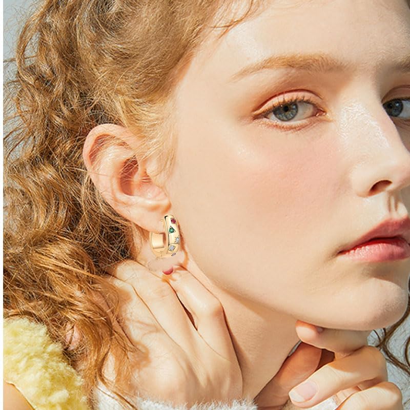 coadipress 14K Gold Plated Chunky Huggie Earrings for Women Thick Colorful Cubic Zirconia Statement Hoop Earrings Unique Multicolored CZ Tiny Round Earrings Trendy Jewelry - Image 2