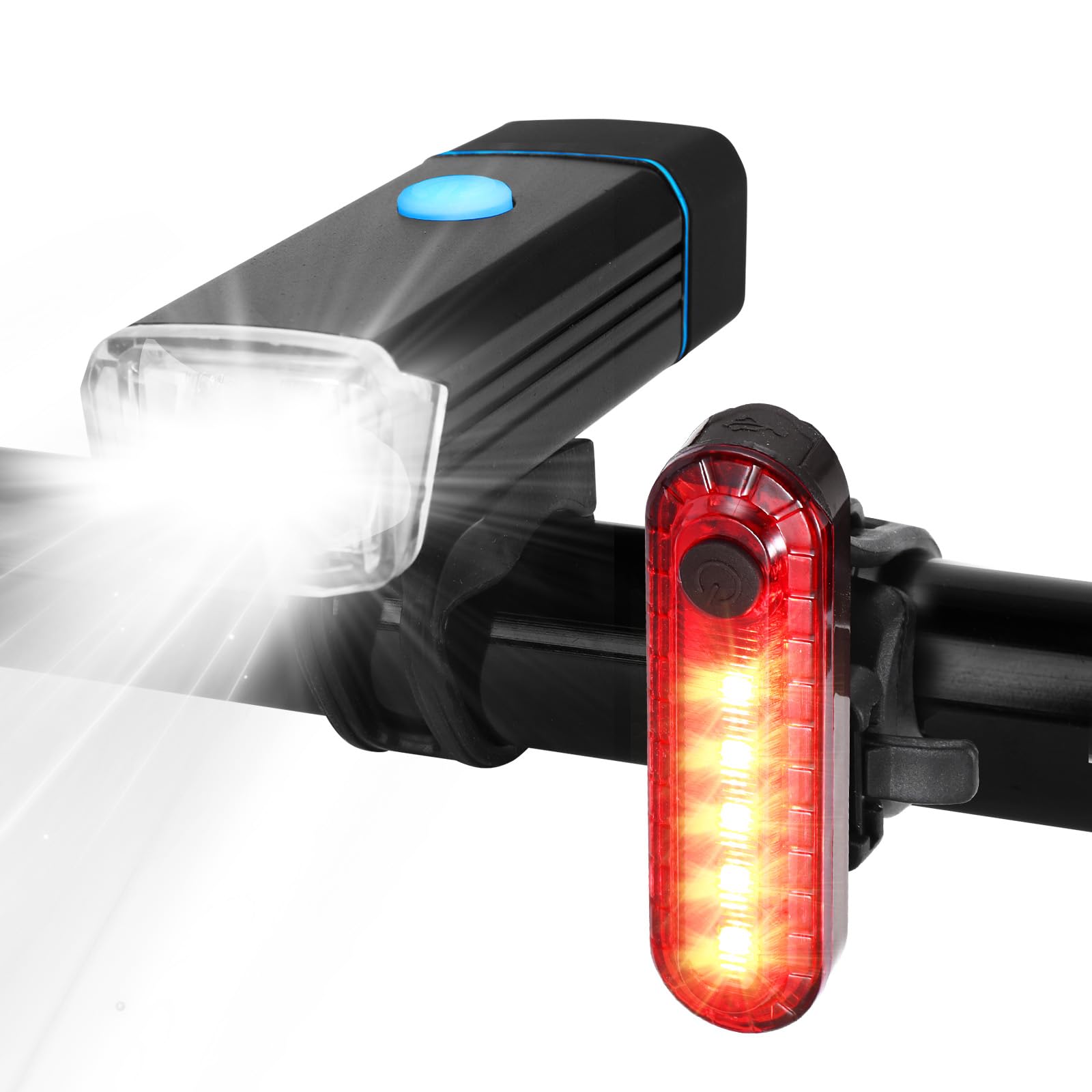 ALLOMN Bike Lights Front and Back, Super Bright Bicycle Light Set, Waterproof USB Rechargeable, 4 Light Modes, Black, IPX4