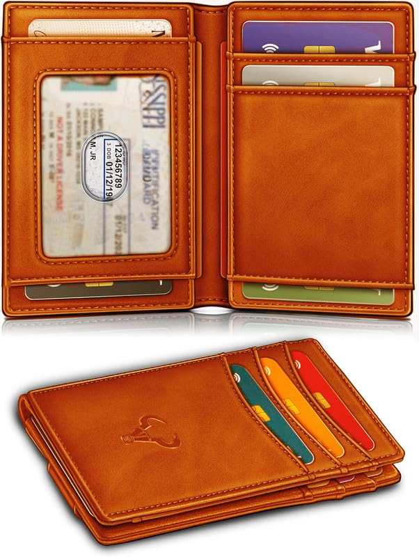 Image of Contacts RFID Blocking Magnetic Closure Slim Genuine Leather Front Pocket Wallet for Men Holds up to 12 Cards Including 1 ID Window Along with Money Clip (Tan)
