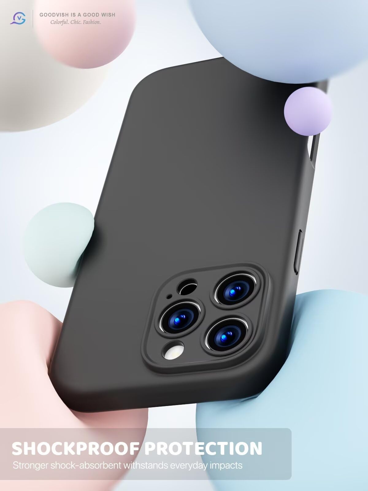 GOODVISH 3 in 1 Silicone Cover per iPhone 16 Pro 6.3", Custodia con 2 Pellicola Vetro Temperato [Protezione Fotocamera] 360° Protezione Anticaduta Case per Cellulare Antiurto Resistente, Nero