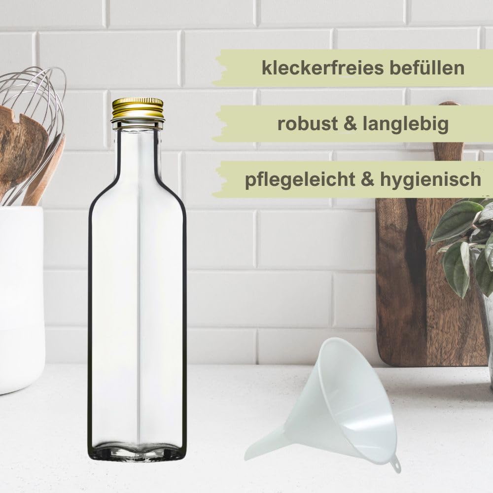 Viva Haushaltswaren szklane butelki z zakrętkami 250 ml (6 sztuk) i białym lejkiem (średnica 7 cm)