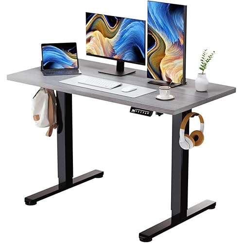 Grey Standing Desk, 48 X 24 Inch Adjustable Height Electric Desk, Sit Stand Desk with 2 Hooks, Ergonomic Rising Desk with Splice Board