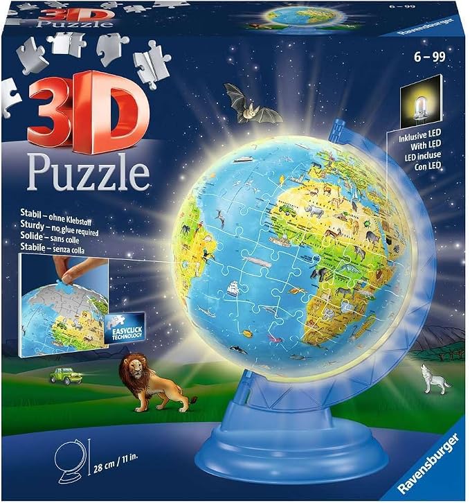 Puzle 3D Ravensburger 11274, Globo terráqueo Infantil con luz en alemán, 180 Piezas, Globo Iluminado formado por Piezas de Rompecabezas con Formas tridimensionales, para niños a Partir de 6 años