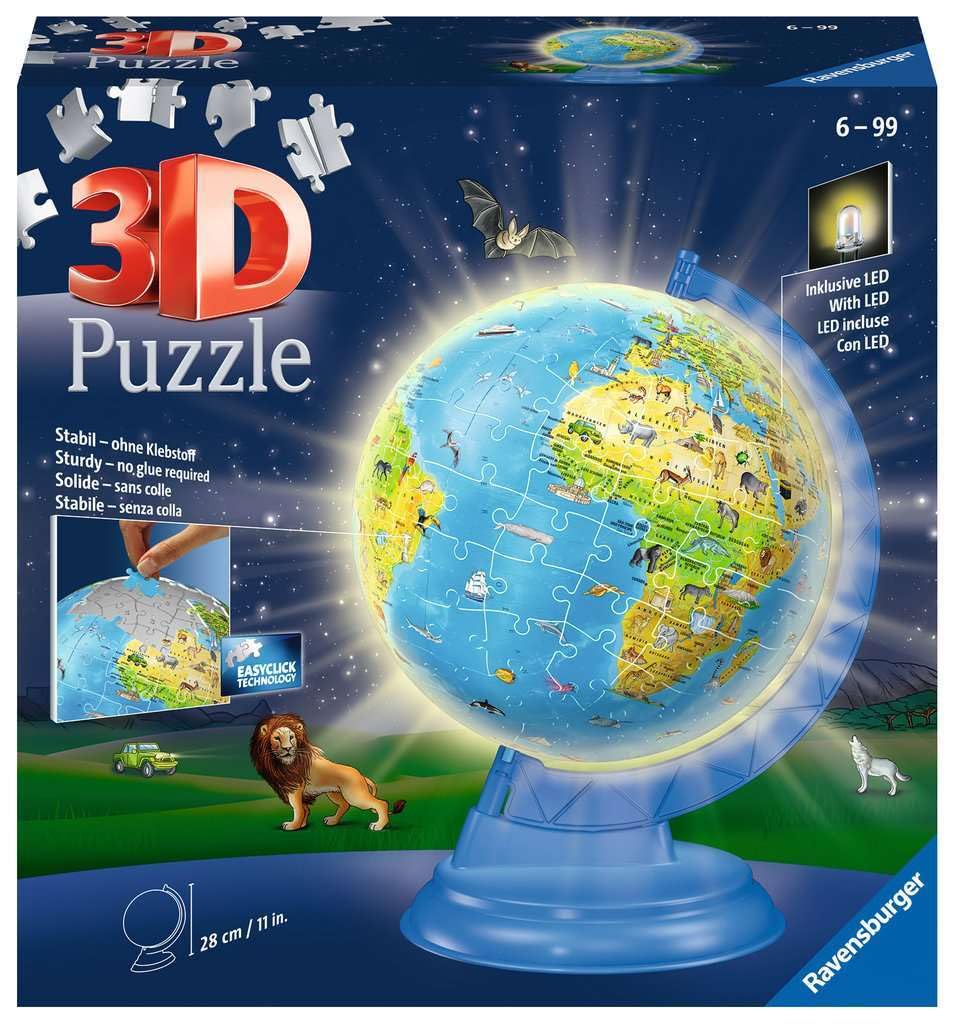 Ravensburger 3D Puzzle 11274 - Kinderglobus mit Licht in deutscher Sprache - 180 Teile - Beleuchteter Globus für Kinder ab 6 Jahren: Erlebe Puzzeln in der 3. Dimension