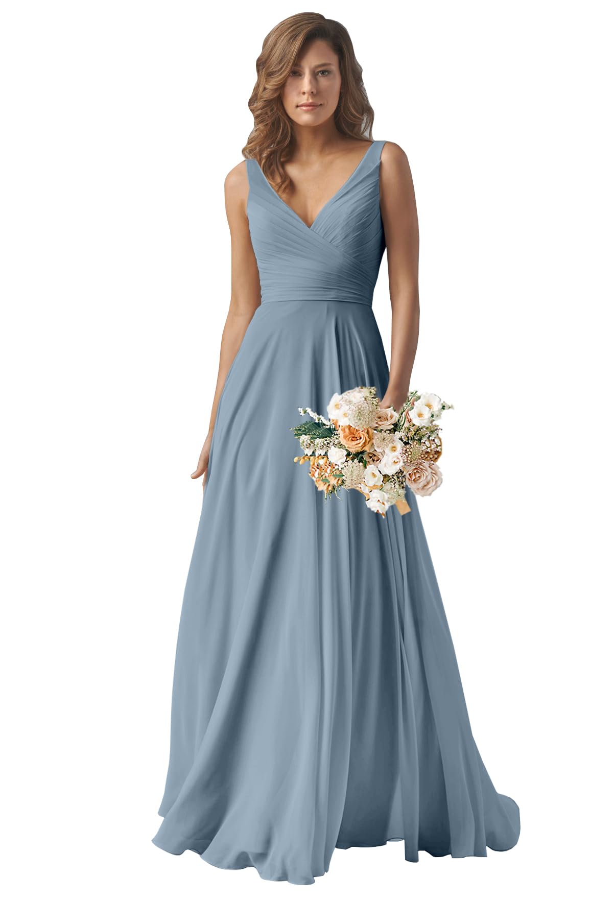 SukleetChiffon Bridesmaid Dresses Long for Women A Line Ruched Formal Porm Evening Gowns