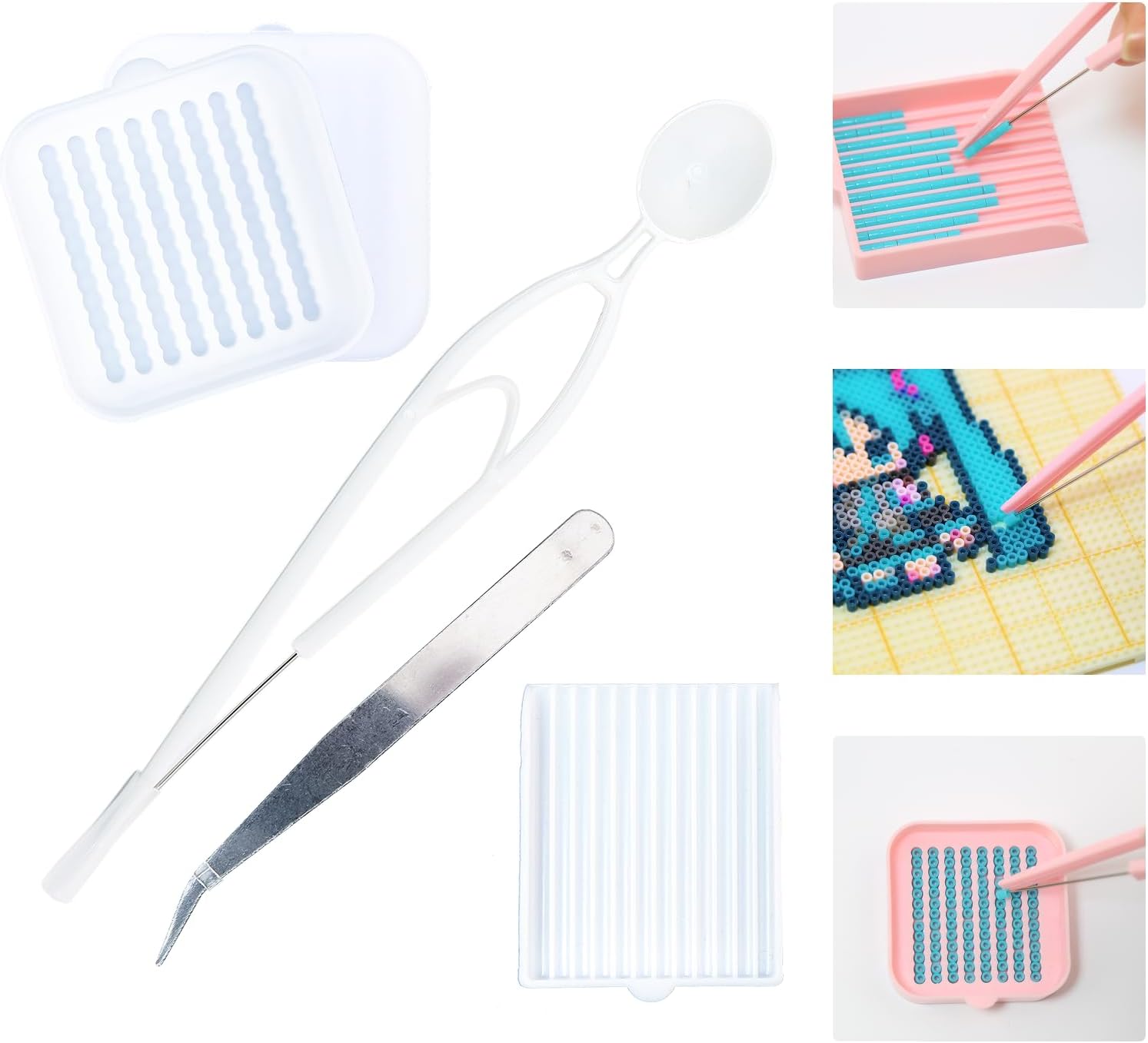 PixieCraft White Precision Picker Set, 4 pcs for 2.6mm Fuse Beads, Bead Pen, Bead Tweezers and Sorting Tools, Fuse Bead Tool for Mini Fuse Beads, Pixel Art & Adult Crafts