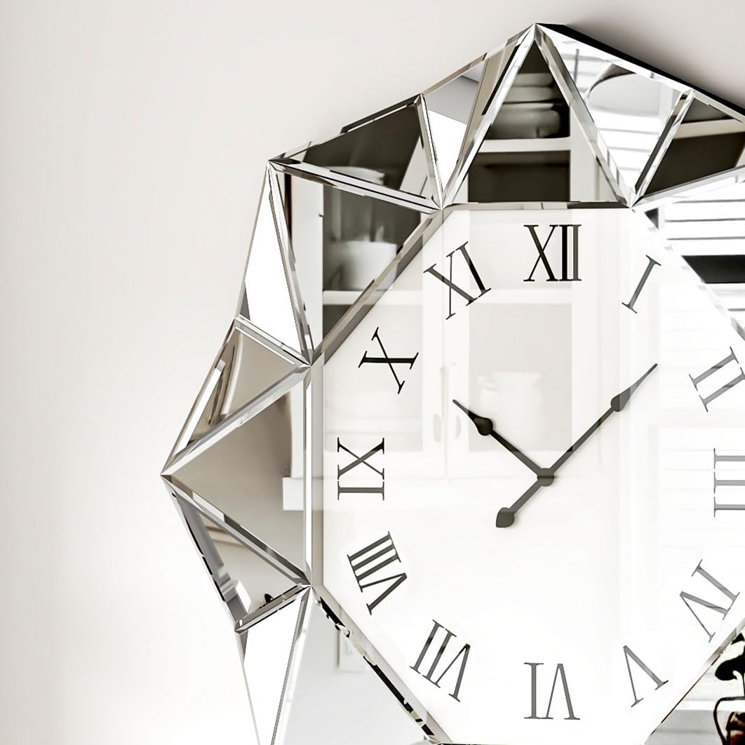 Reloj de pared decorativo, reloj grande plateado con espejo, reloj silencioso moderno con marco biselado de diamante, reloj de pared para sala de estar, comedor, 23.4 pulgadas