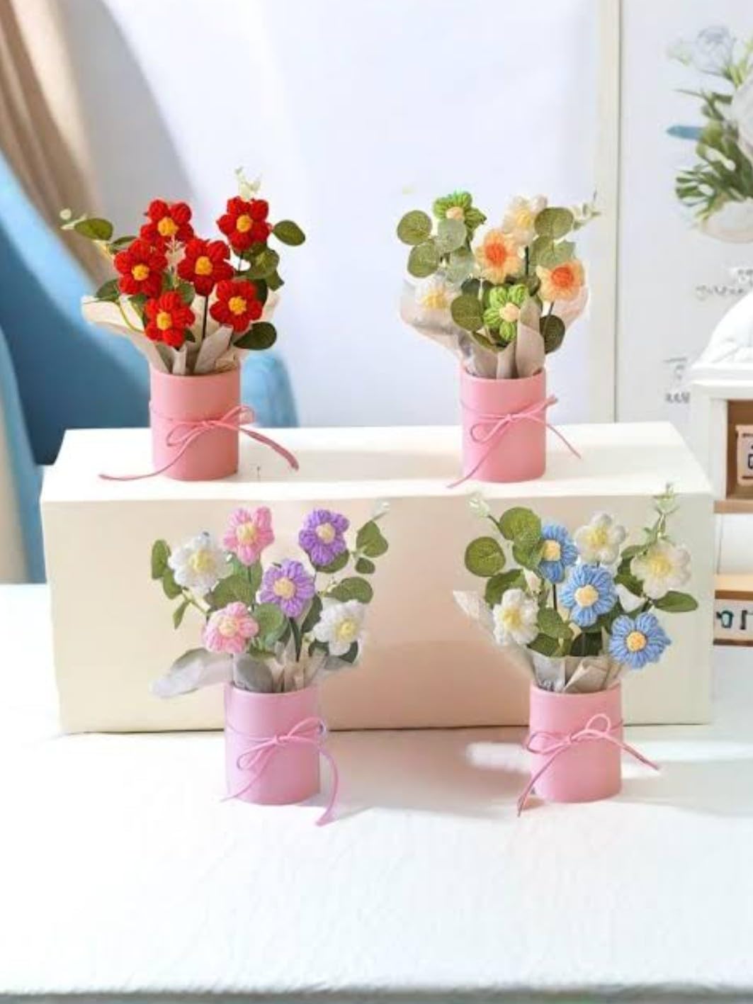 VRB Dec 1pcs Artificial Crochet Flower Bouquet/Artificial Flowers Bunch/Crochet Flowers Bouquet/Crochet Flowers/Flowers Bouquet Gift for Girls Home Decor,Gifting,etc. (Pink Daisy Bouquet) image 3