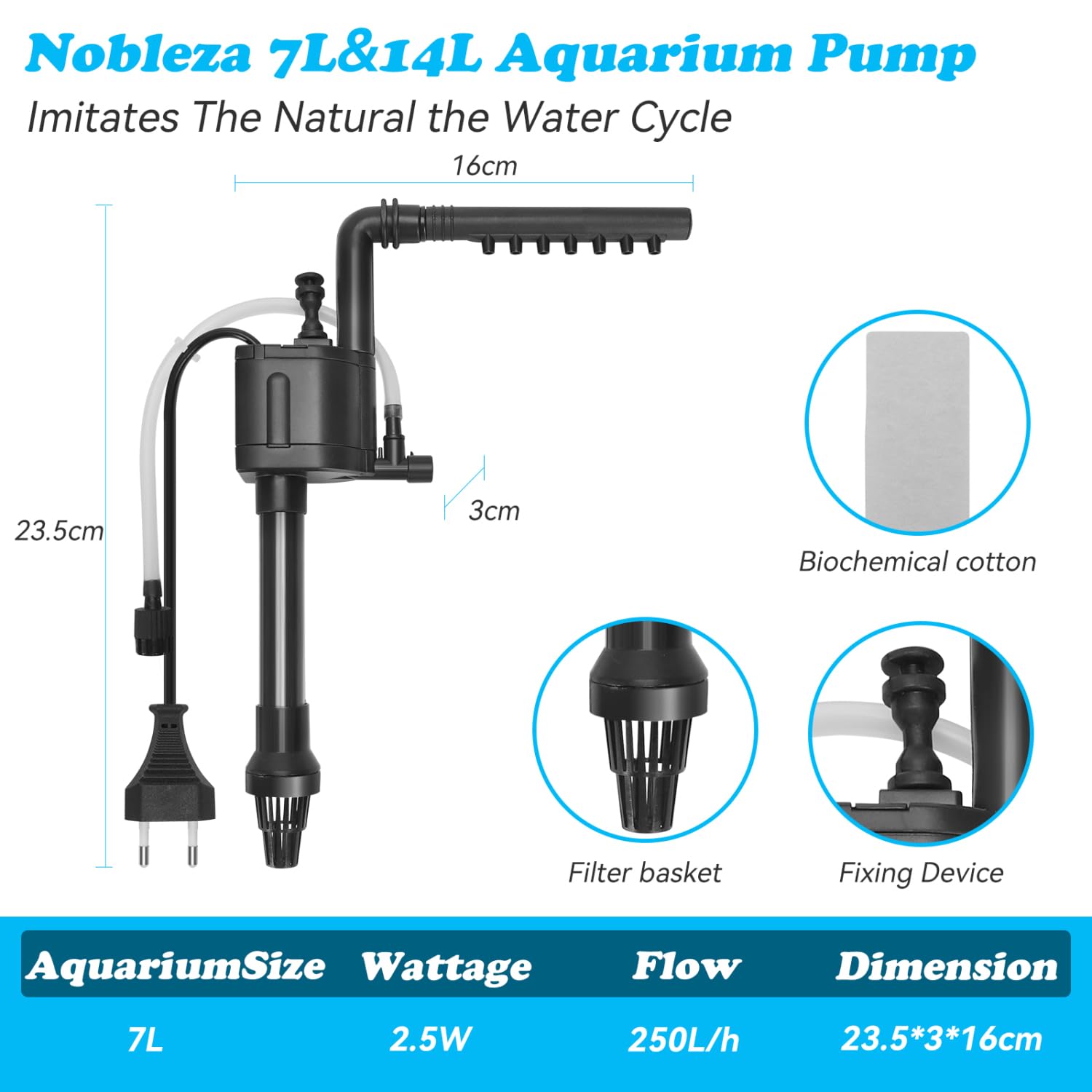 Nobleza - Pompa per Acquario 7L, Pompe ad Acqua Sommergibile (250 L/H, 2.5 W), Pompa per Acquario Acqua Sistemi di Circolazione per Acquario