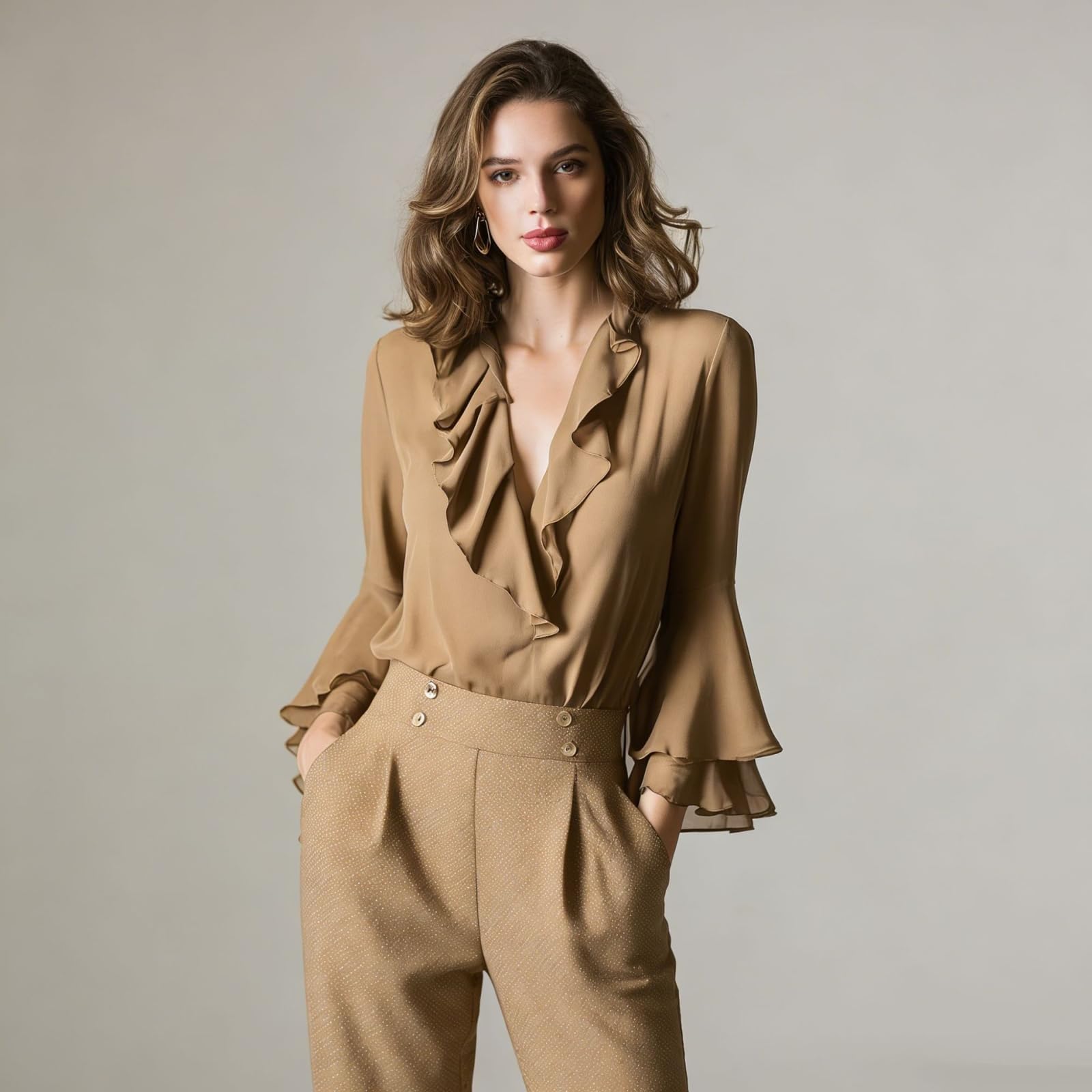 LKSCY - Camicetta da donna con scollo a V, in chiffon, con maniche a balze, vestibilità ampia, per lavoro, ufficio, tunica elegante