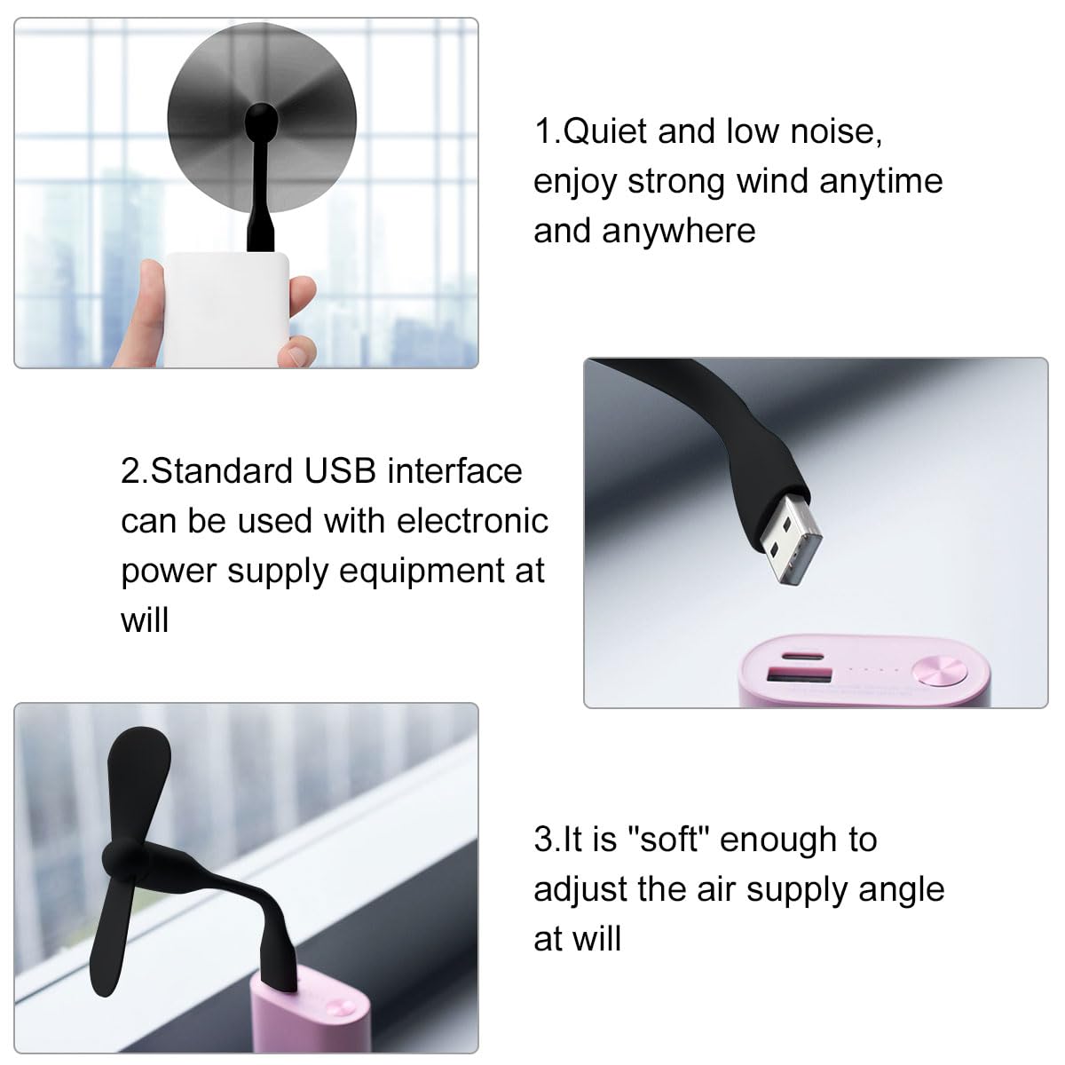 2 Mini Ventilateurs USB Flexibles - Portable, Silencieux, Pour Bureau, Ordinateur Portable, Power Bank, Réglable 360°