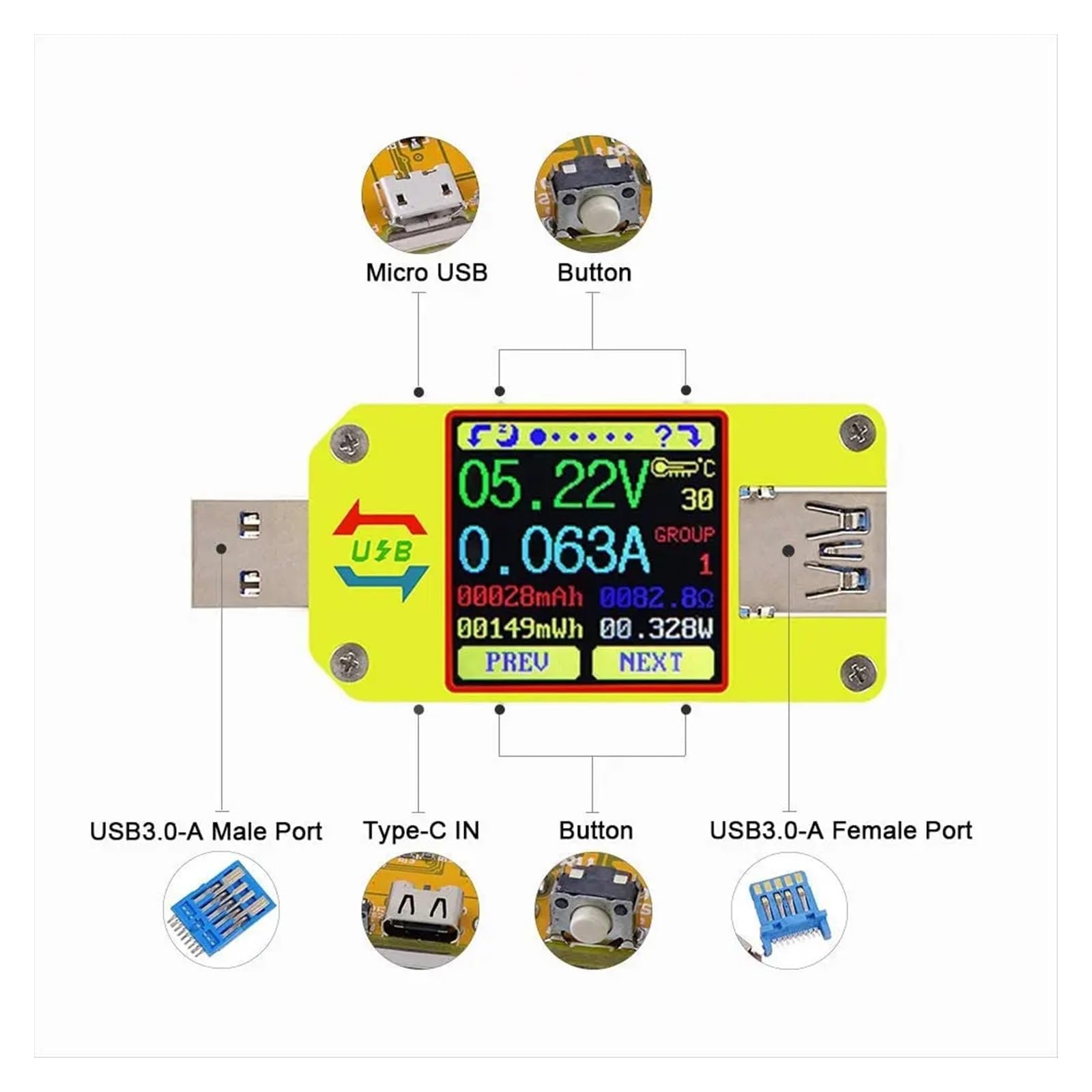 UM34/UM34C USB 4-24V DC Voltmeter Amperemeter mit Farbbildschirm, Typ-C multifunktionaler Spannungs- und Stromtester Für Ladetests(UM34C)