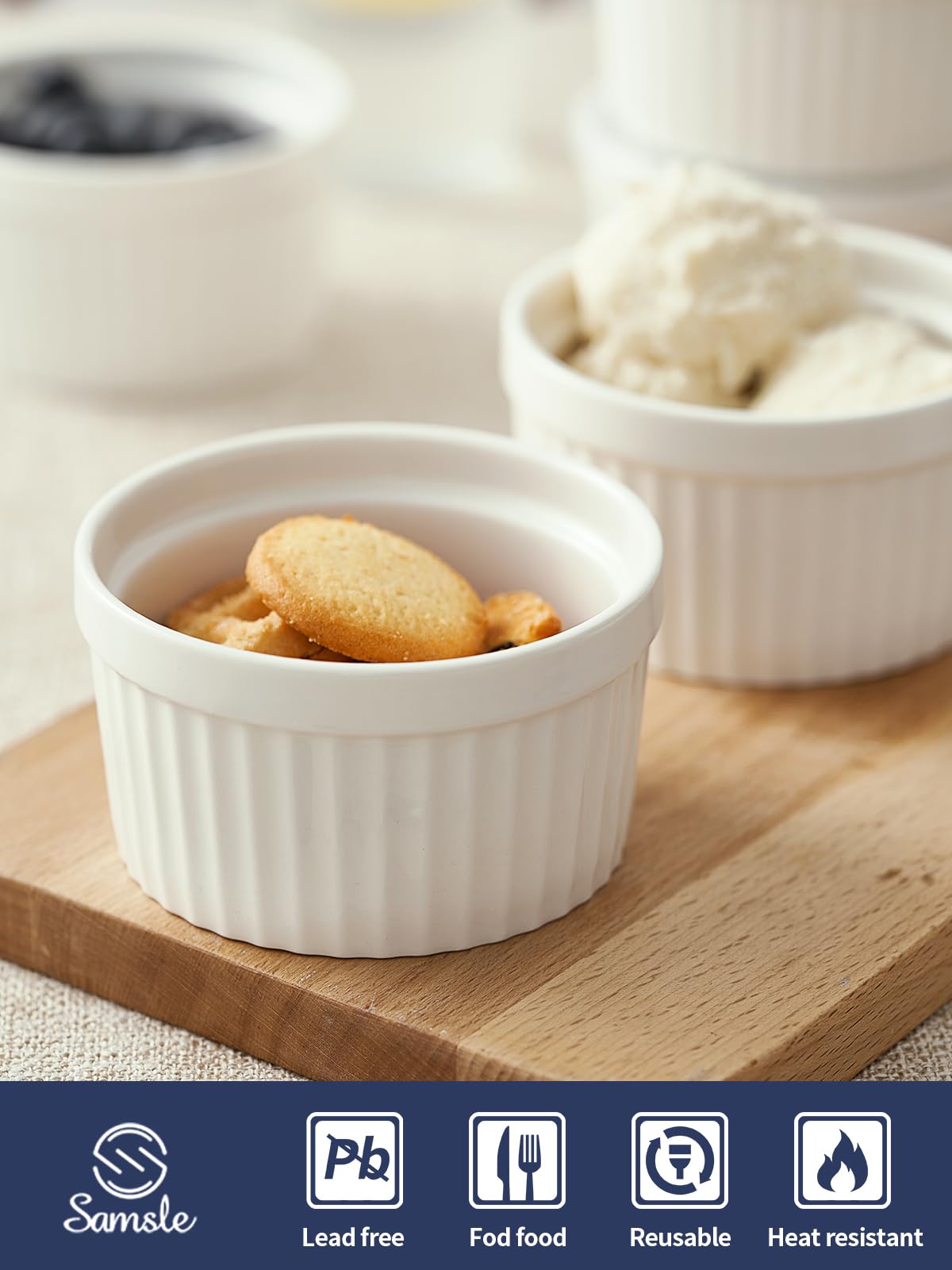 Samsle Ramekins de cerámica de 8 onzas, aptos para horno, pequeños platos de soufflé para crema brulee, helado, salsa y salsas, mini cuencos de porcelana blanca para hornear, juego de 6