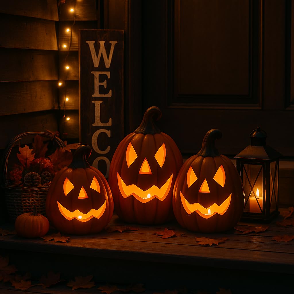 3er Set Halloween Kürbisse aus Terrakotta – Handbemalte Kürbis Deko mit Gesichtern – Herbstdeko für innen & außen, Tischdeko & Gartendeko für Herbst & Halloween