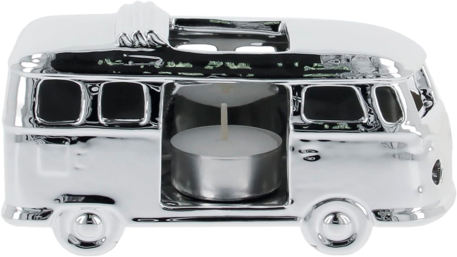 BRISA VW Collection - Volkswagen T1 Campervan Bus Tea Light Candle Holder Ceramic Table Decoration 1:22 (White) (Classic Bus/Silver)