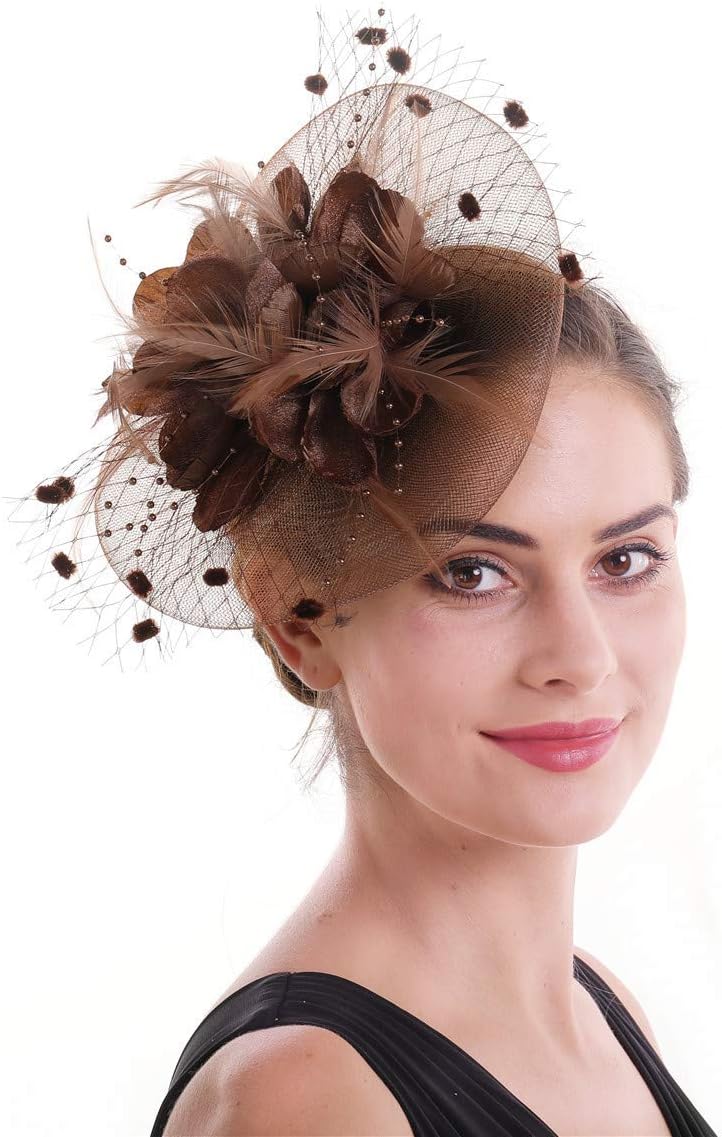 Fascinator Women's Organza Church Kentucky Derby British Bridal Tea Party Wedding Hat Summer Ruffles Cap (Hj5-Coffee New)