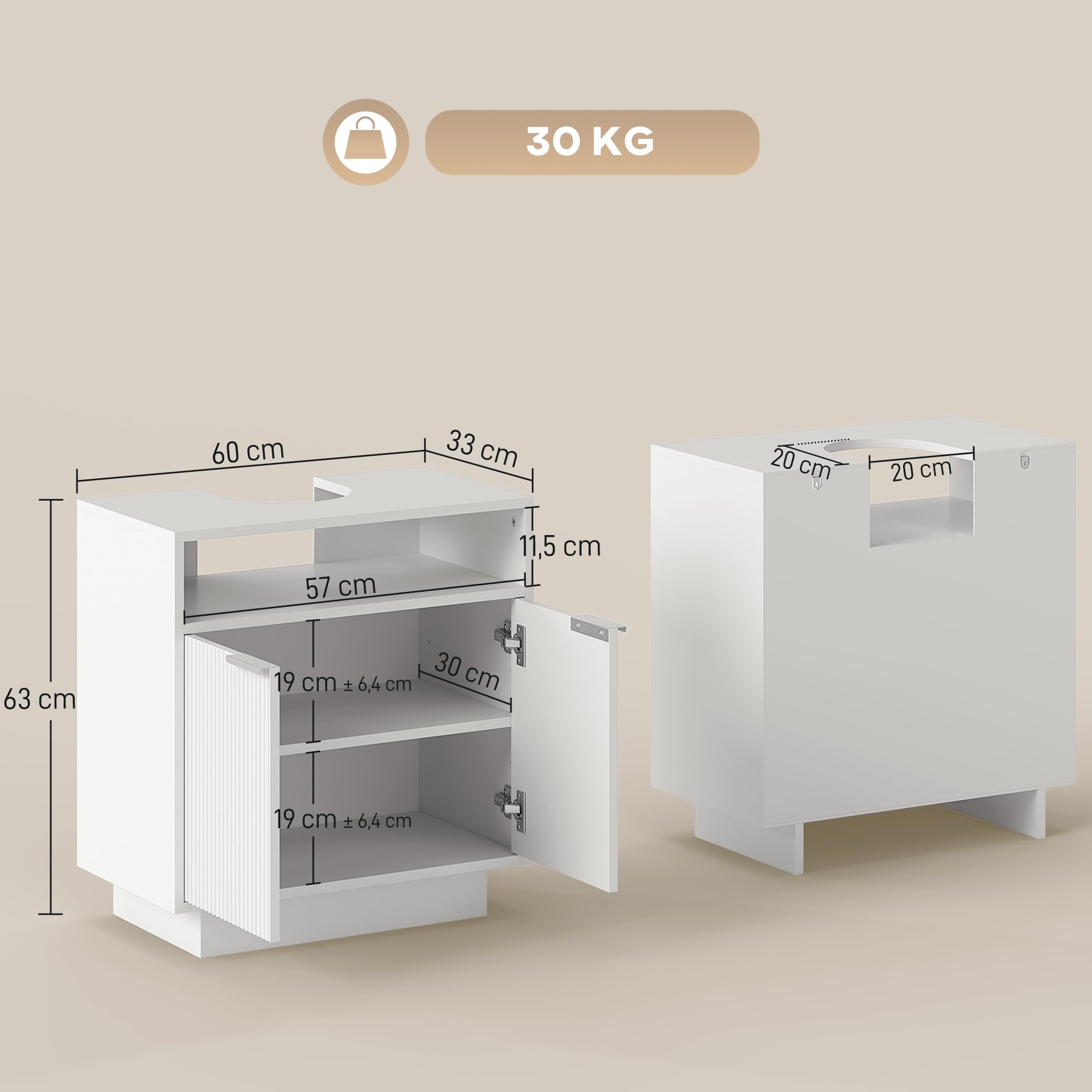 HOMCOM Mueble bajo Lavabo con 2 Puertas Acanaladas 60x33x63 cm Blanco | Mueble de Baño, Compartimento Abierto, Armario de Baño para Lavabo sin Pedestal, Estilo Moderno