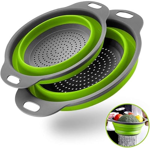 HOWOON Basket Collapsible Colander Set of 2 Round Silicone Kitchen Strainer - 1 large small Perfect for Draining Pasta, Vegetable and fruit (Green)