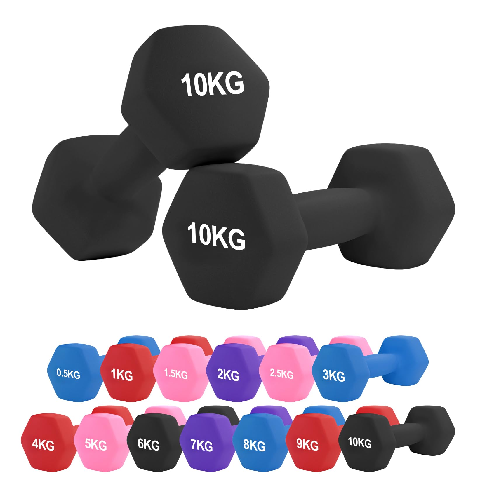 Neoprene Dumbbell – Cast Iron Core Hex Shape Hand Weight with Anti-Slip Grip, Durable Rubber Coating for Strength Training, Home Gym, Fitness & Aerobic Exercise (0.5-10 kg) (10Kg Pair-Black)