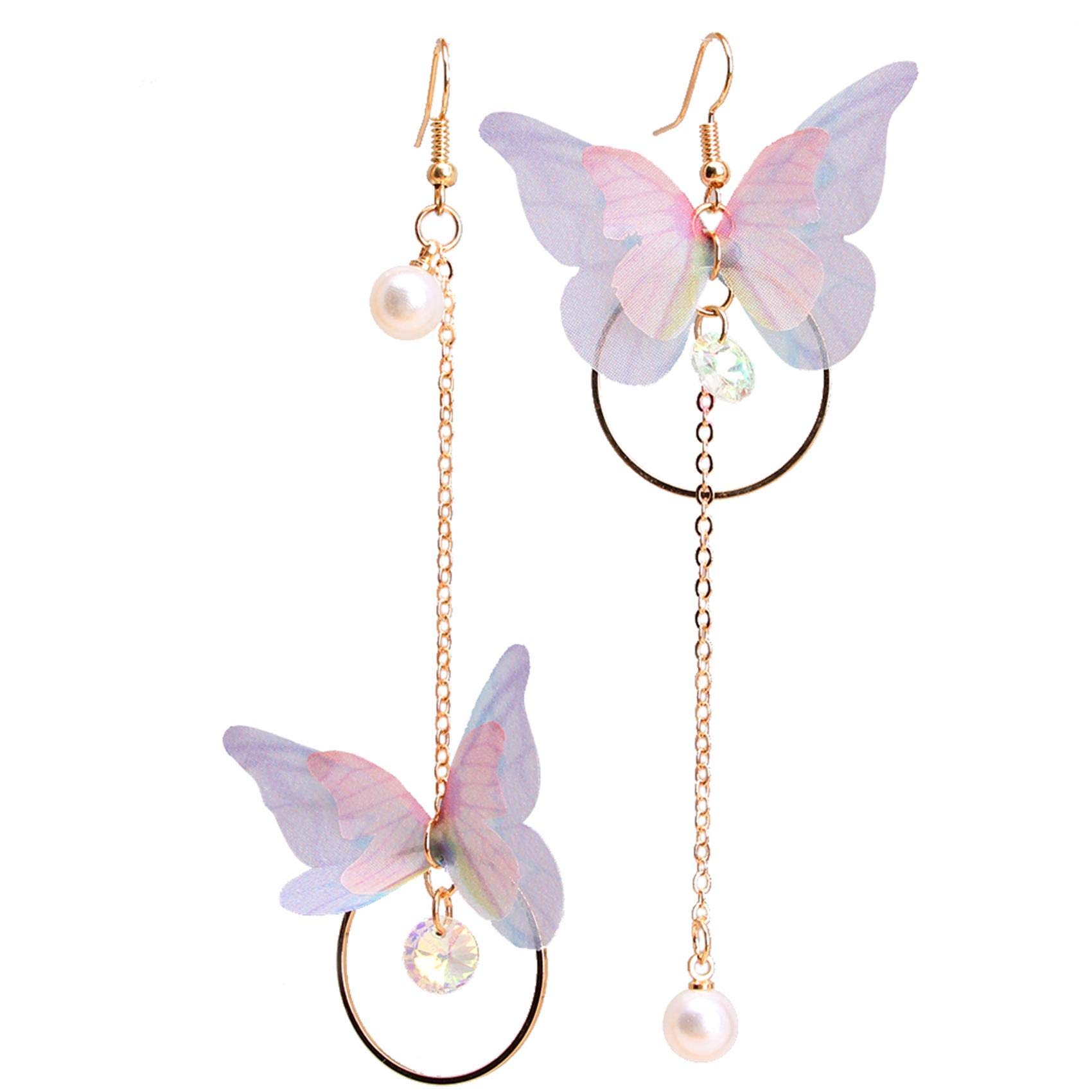 Weiy Long Butterfly Earrings Asymmetric Faux Pearl Hook Earrings Animal Drop Dangle Earrings for Women, Gold, As description