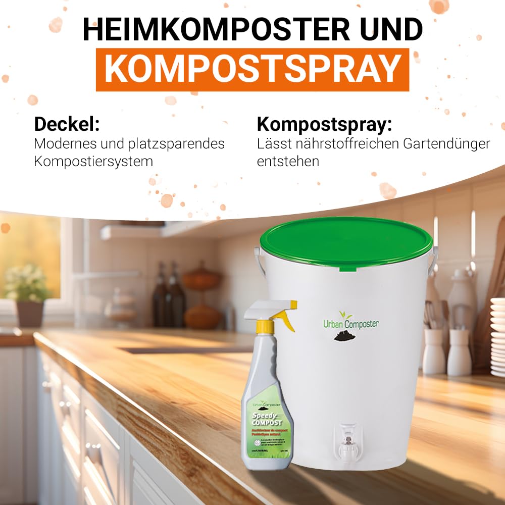 GARANTIA Urban Komposter 15 Liter grün, inkl. Deckel und Kompostspray | Biomülleimer Küche, Komposteimer, Bio Mülleimer, Abfall & Recycling, Bioabfallbehälter für Küche, Biomüll, Biotonne