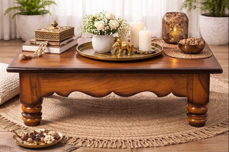 Image of Pooja Chowki Pata Chowki Decorative bajot for Sitting Pooja Temple Stool for Mandir (Extra Large)