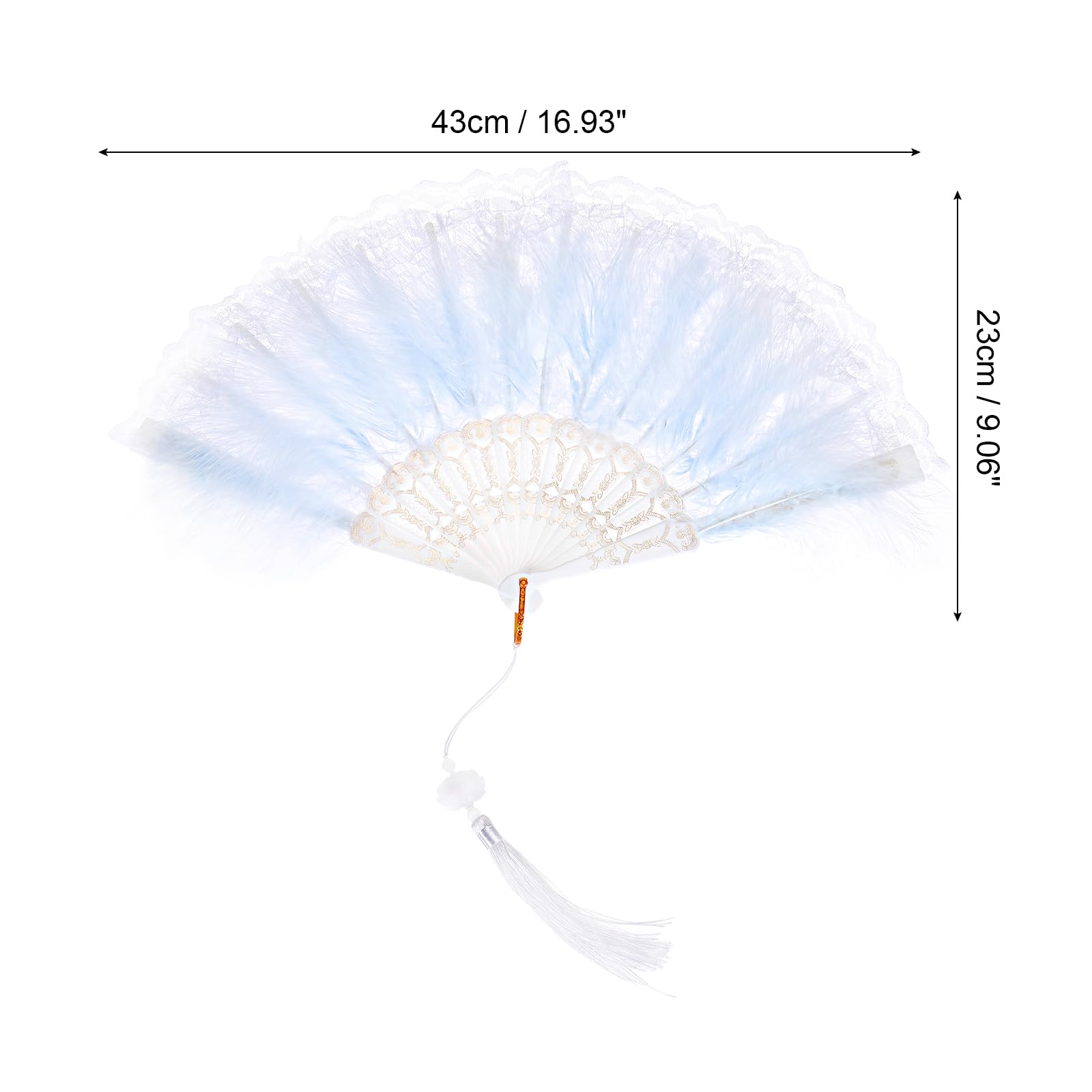 MECCANIXITY Feather Hand Fan Blue Vintage Folding Fan with Tassels, 43x23cm, 1 Pcs