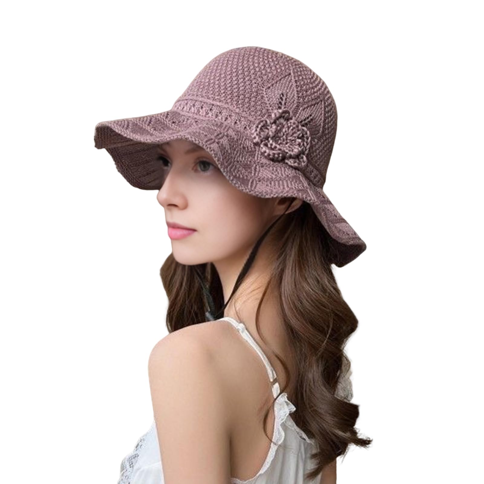 matumou Fisherman Hat with Flower Detail, Wide Brim Glitter Bucket Hat, Knit Design Adjustable Drawstring Knit Hat, Lightweight Hat for