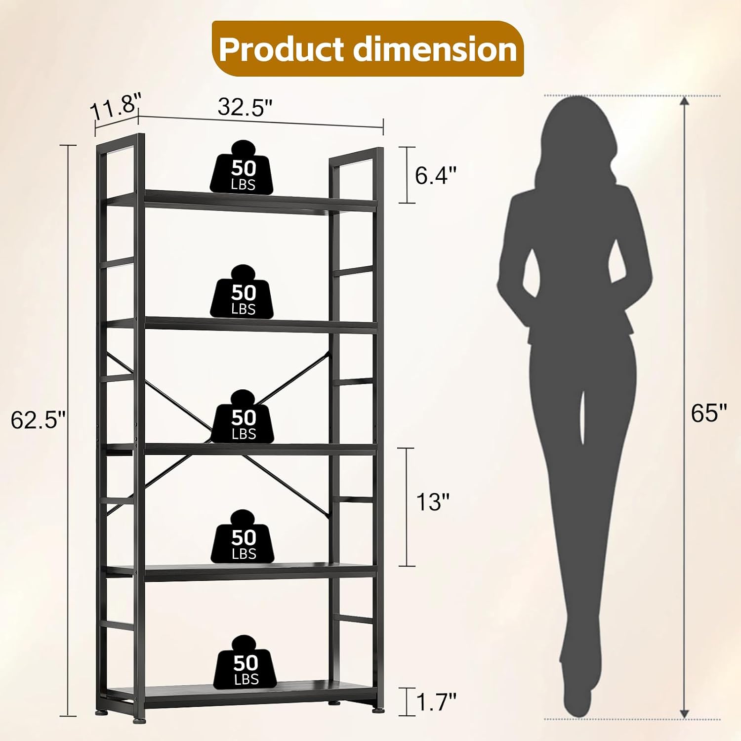 VERMESS 32 Inch Industrial Book Shelf, 5-Tier Display Bookshelf for Living Room Bedroom, Shelving Unit Wood Bookcase with Open Shelves, Metal Frame, Black