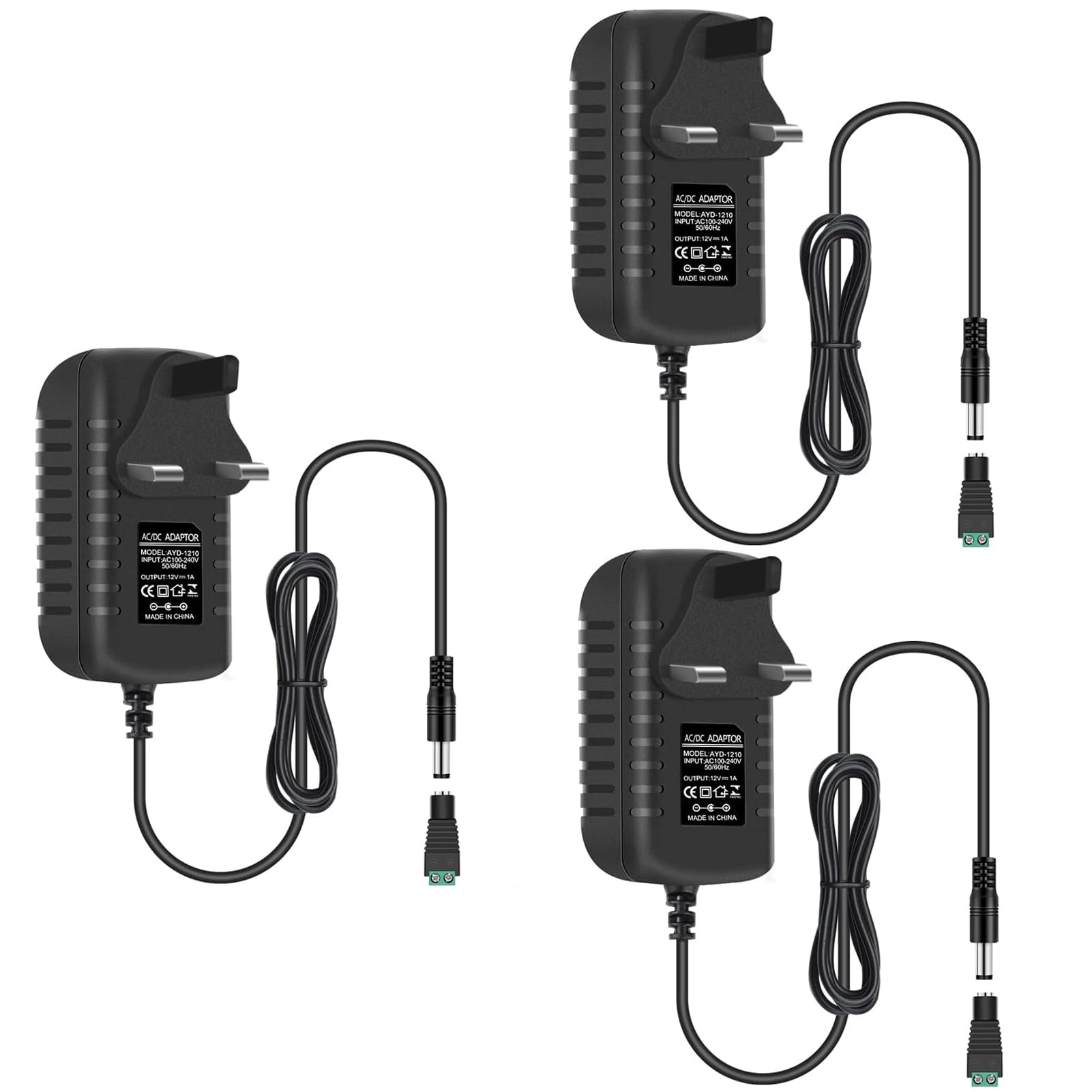 3 Pack 12V DC Power Supply Adapter - 12Watt 1Amp, 240V AC to 12V DC - With 5.5 X 2.1mm Female Jack Connector for 3528/5050 LED Strip Light
