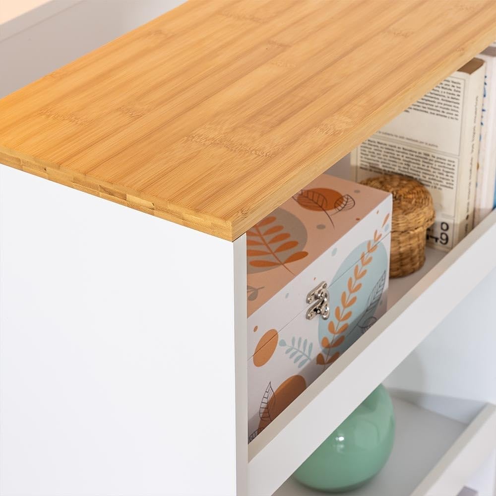 LOLAhome - Estantería móvil con Ruedas de Madera y bambú, Blanco y Natural de 48x24x77 cm. Práctico diseño con 3 estantes. Ideal como Organizador Auxiliar para tu Cocina, baño o salón.