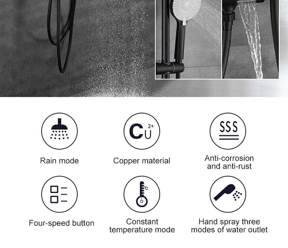 Set di rubinetti termostatici per Doccia, Rubinetto a Pioggia a Parete Nero con doccetta per Bidet, Miscelatore per Vasca, Caldo e Freddo, Cromato