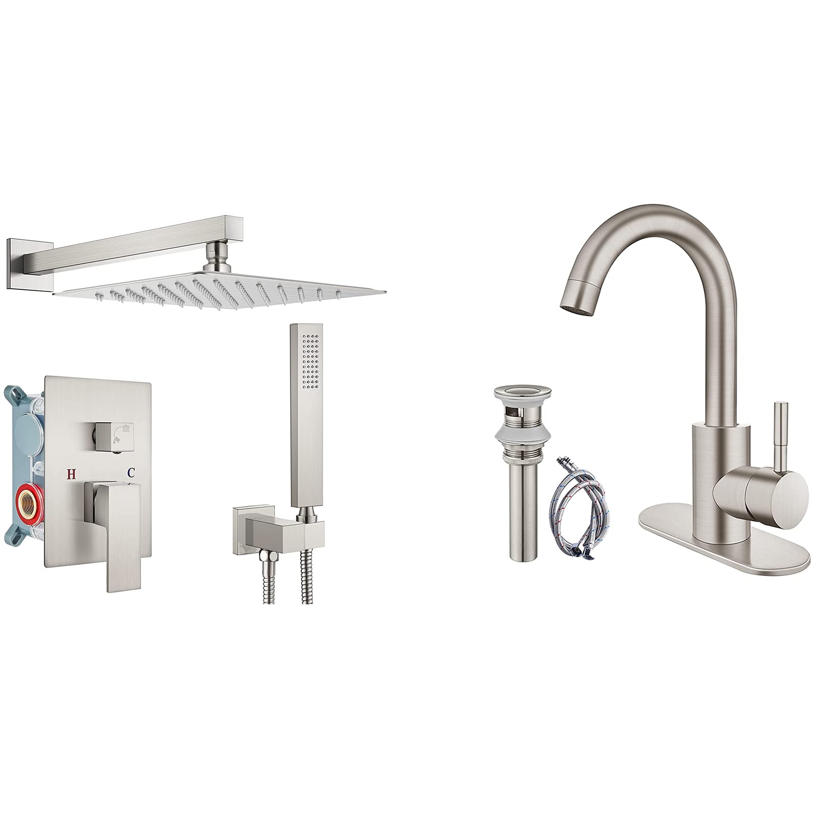 Hcfyauis Rain Shower System Brushed Nickel Wall Mount Square 10 Inch Rainfall Showerhead Matching With Brushed Nickel Bathroom Sink Faucet 1 Hole Single Handle