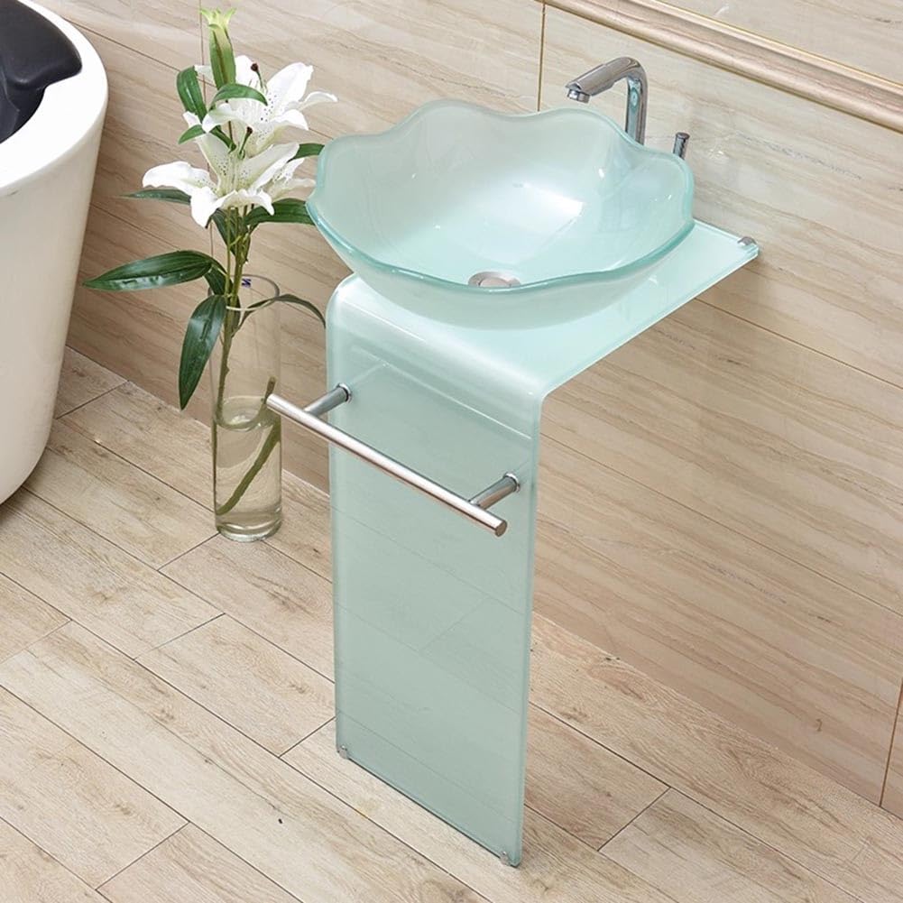 Tempered Glass Vessel Sink with Faucet Column for Space-Saving Bathroom Design