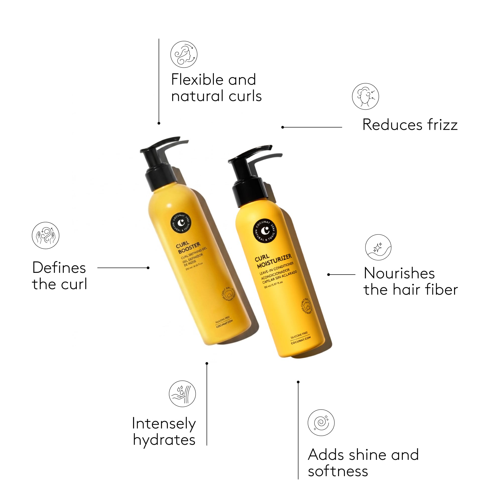 COCUNAT - Curly Method - Perfect Curls in 2 steps - Moisturizer Leave-in + Curl Booster - Moisturises, Nourishes, Strengthens, Eliminates Frizz and Detangles - 250ml+150ml