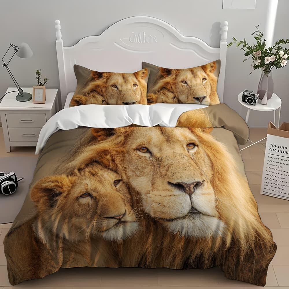 Primo Piano Del Leone Animale Copripiumino 2 Persona con Cerniera 250x200 cm Marrone Set Biancheria da Letto in Microfibra, Lavabile in Lavatrice, per Bambini, Adolescenti e Adulti