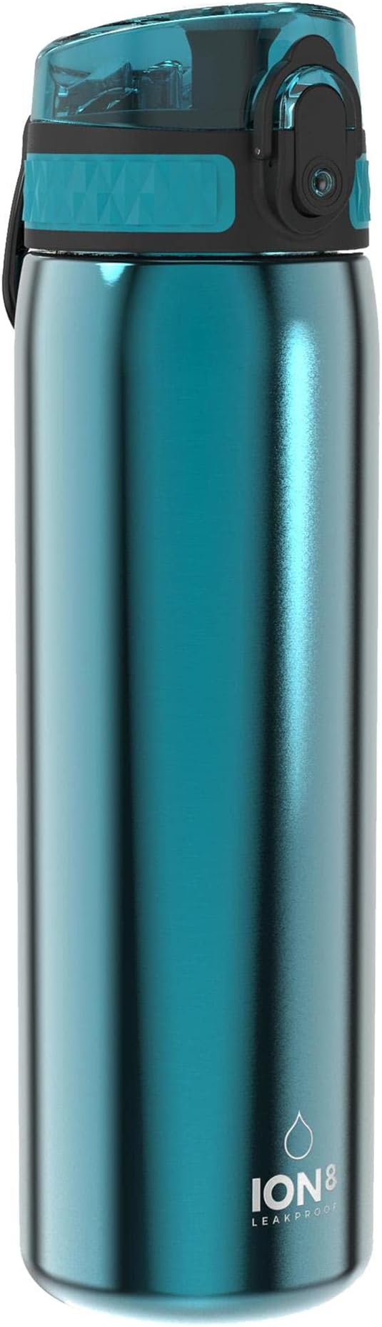 Ion8 Lightweight Steel Water Bottle, 600ml/20oz, Non-Insulated, Leak Proof, Easy to Open, Secure Lock, Dishwasher Safe, Flip Cover, Fits Cup Holders, Carry Handle, Metal Water Bottle, Metallic Aqua