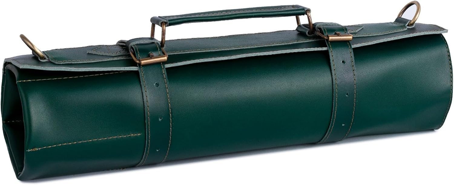 Leathershire Full Grain Leather Chef Knife Roll Bag Professional Knife Tool Holder Case, Kitchen Knife Organizer Chef Roll for Culinary Students & Chefs Birthday Gift (Green, 7 Pockets)
