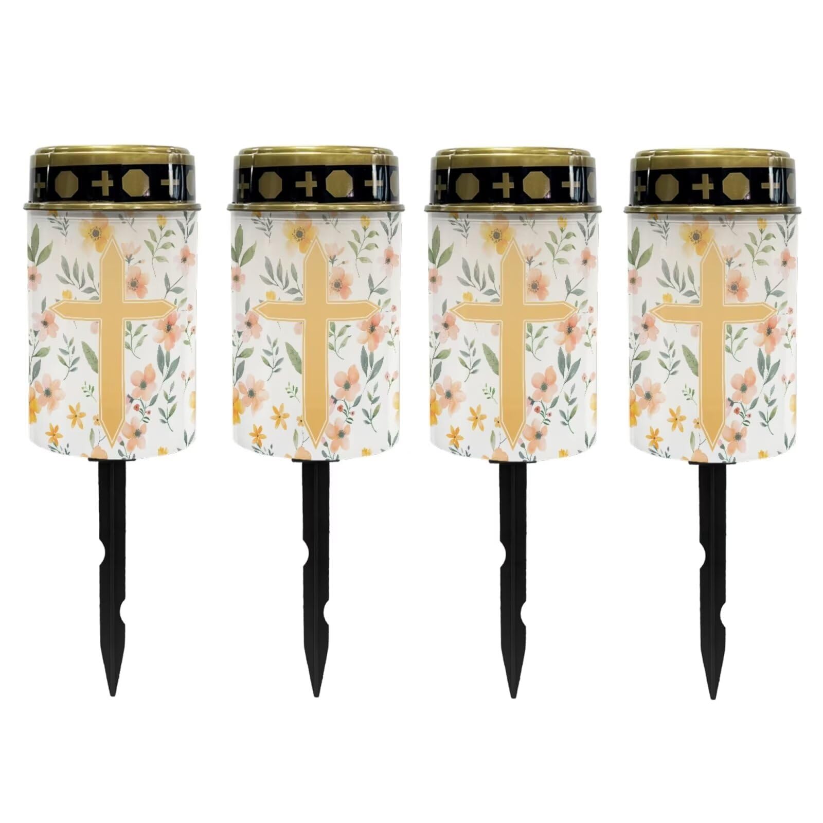 Poceacles Cross Solar Lights Outdoor Solar Powered Outdoor Cemetery Stake Lights Grave Solar Lamp Landscape Lighting Waterproof Grave Flameless Candles, Yellow Floral Cross, Pack of 4