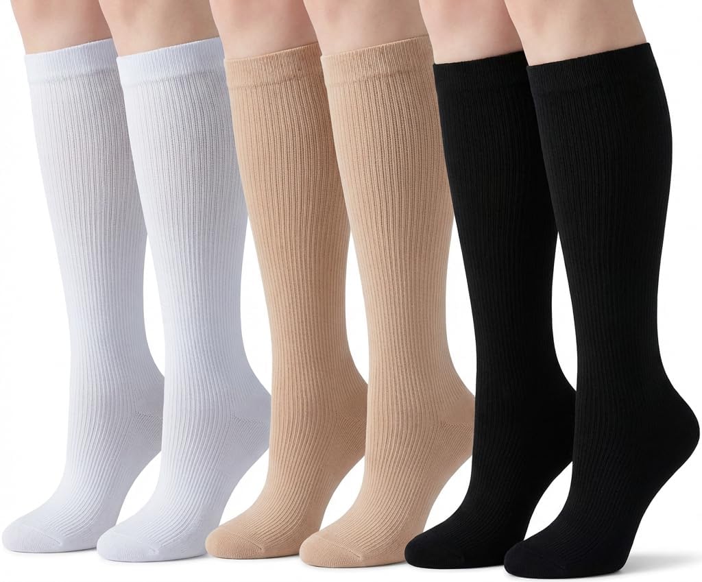 Shadel Unisex Knee High Compression Socks 15-20 mmHg (3 Pairs) - Best for Daily Wear, Sports, Pregnancy. Black, White and Beige, (XXL)